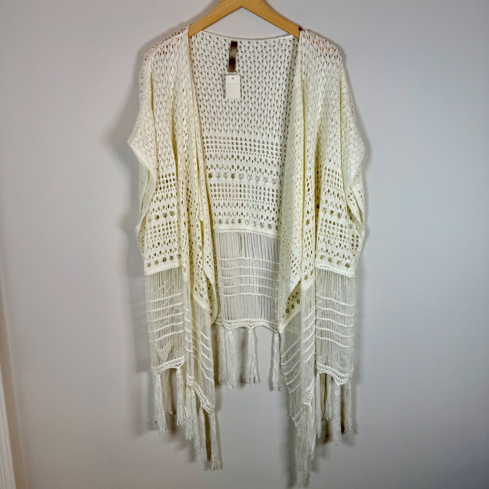 Entro Anthropologie NEW‎ Crochet Knit Fringe Tassel Cardigan Kimono Vest Large